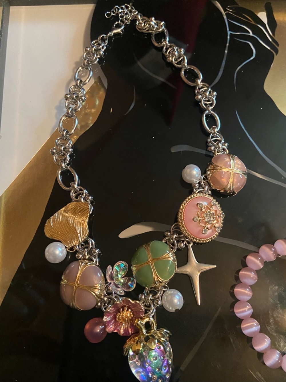 Pink Multi-Charm Women's Necklace and Cats Eye Bracelet Set - Picture 10 of 11